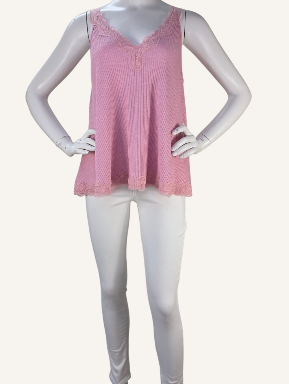 POL Pink Ribbed Lace Trim Swing Tank Top Boho Romantic Cottagecore Small NWT